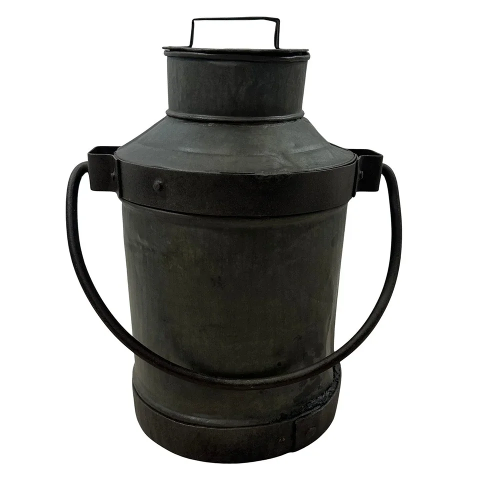 Vintage Rustic Metal Milk Can with Lid Dark Charcoal Farmhouse Decor 13in